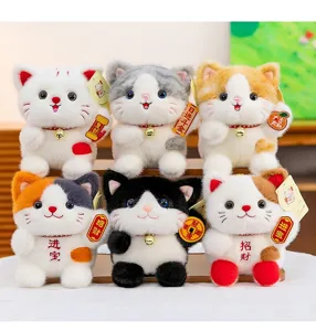 Cute lucky cat plush toy set, Maneki-Neko doll with bell and lucky charm for desktop decor.