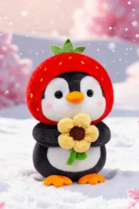 Adorable plush penguin toy with strawberry hood holding a yellow flower in snow