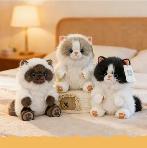 Cute simulation long-haired cat plush toy set, realistic details, cozy bedroom scene display.