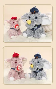 Schattige roze en grijze olifanten knuffels met baretjes en fruitvormige hangers.