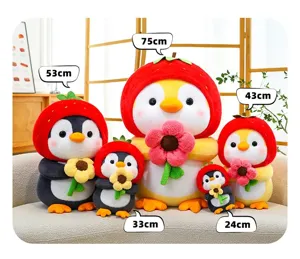 Detailed size comparison of five cute penguin plushies with strawberry hats.