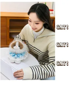 Adorable simulation Ragdoll cat plush toy with lace bow collar shown in lifestyle setting