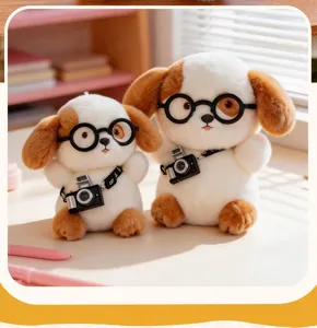 Detailed view of cute plush puppy toy with round glasses and mini camera accessory.