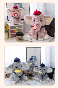 Schattige pluche olifant met baret en fruitaccessoire in een gezellige bureau-opstelling