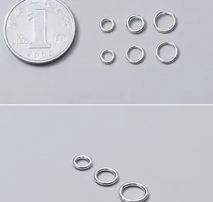 S925 silver jump rings shown in various sizes with a coin for scale reference in macro view