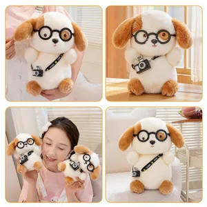 Adorable cute plush dog toy with glasses and camera, soft cartoon stuffed puppy gift