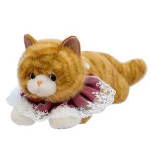 Realistic ginger and white ragdoll cat plush toy with a decorative lace collar