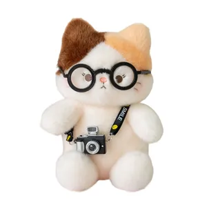 Süße dreifarbige Katze Plüschtier mit Brille und Kamera-Accessoire, Stofftier