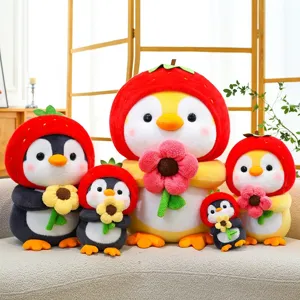 Cute Strawberry Penguin Plush Toy Soft Stuffed Animal Doll Holding Sunflower Strawberry Hat Penguin For Kids Gift Home Decoration