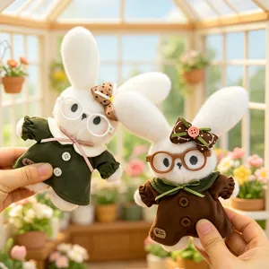 Adorable plush rabbit toys with glasses and dresses shown in a beautiful garden setting.