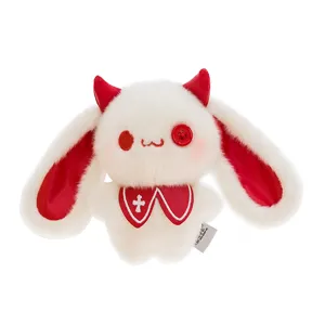Emo white plush devil bunny toy with red horns and button eye, cute aesthetic pendant