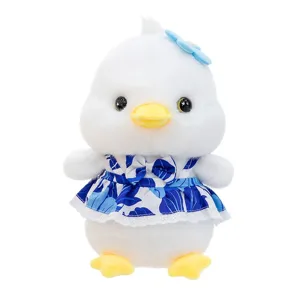 Cute white plush duck toy wearing a blue floral dress with delicate lace trim