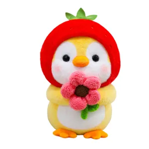 Adorable penguin plush toy with strawberry hat holding a pink flower, soft gift for kids