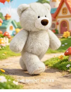 Cute white teddy bear plush toy from The Sprint Series in a fairytale village scene