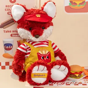 Cuddly red fox plush toy wearing yellow burger-shop themed overalls