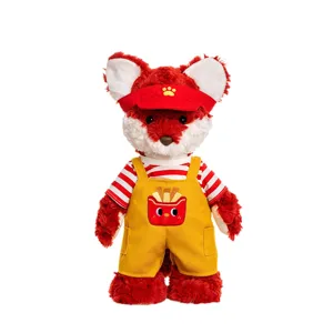 Adorable plush fox toy dressed in striped shirt and yellow overalls for kids gift