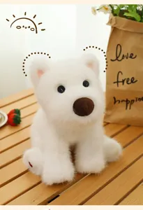 Adorable sitting white plush dog toy in a warm and cozy home setting detail photo