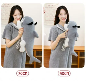 Detailed comparison showing 50cm and 70cm creative shark dog hybrid plush pillows for girls