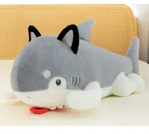 Detailed close-up of a creative shark dog plush pillow made with soft gray and white fabric