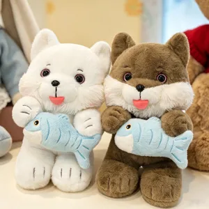 Cute Cat Plush Toy Holding Fish Soft Stuffed Animal Cartoon Kitty Doll Decorative Plushies For Kids Girls Home Decor Gift