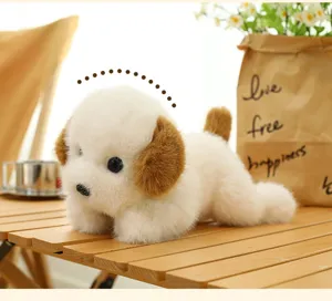 Detailed macro view of a cute white plush puppy toy with soft brown ears on a wooden table.