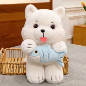 Adorable white plush cat toy holding a blue fish cartoon kitten doll for kids and home decor