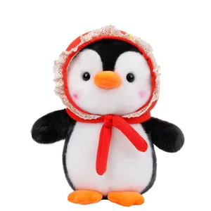 Niedlicher Plüschpinguin mit roter Spitzenhaube und Schal für Geburtstagsgeschenke