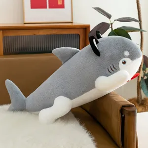 Creative shark dog plush pillow, soft grey and white long stuffed animal doll for sleeping