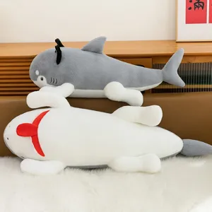 Creative shark-dog plush pillow toy for sleeping and home decor in grey and white colors