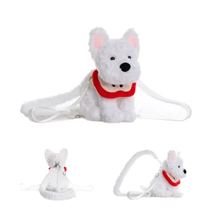 Lindo bolso de peluche de perrito blanco con correas largas para regalo de niños