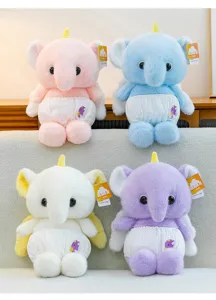 Soft elephant unicorn plush dolls in four pastel colors wearing cute white ruffled pants.