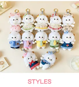 Collection of cute plush sheep keychains wearing various colorful pastoral style outfits