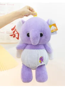 Detailed shot of a cute purple elephant plush toy with white pants held by hand