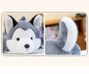 Vistas detalladas de un peluche de husky que muestran los rasgos faciales y la cola suave