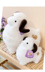 Close-up detail of large and small cute white sheep plush toys on a woven bench
