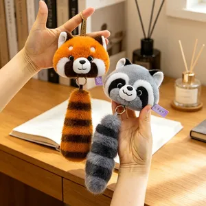 Adorable fluffy plush red panda and raccoon keychain pendants for bags and gift items