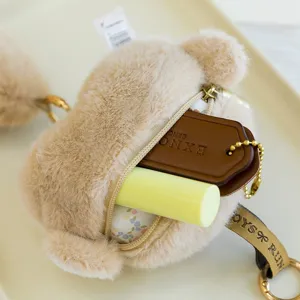 Cute plush bear earphone pouch keychain with soft faux fur and gold zipper detail