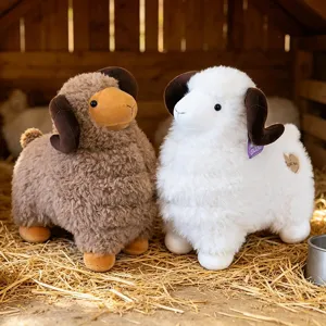 Cute Big Horn Ram Sheep Plush Toy Soft Polyester Stuffed Animal Heart Embroidery Decorative Pillow Gift For Kids