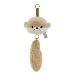 Cute brown plush raccoon head pendant with long fluffy tail charm for bags and keyrings