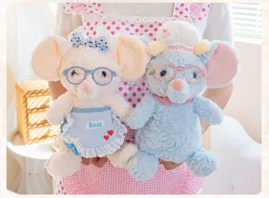 Detailed view of two cute baking mouse plush toys with glasses and aprons for kids.