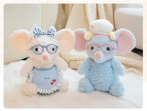 Detailed close-up shot of cute blue and cream plush mouse toys wearing tiny glasses