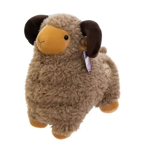 Cute brown ram plush toy with large curved horns and heart embroidery for kids gift