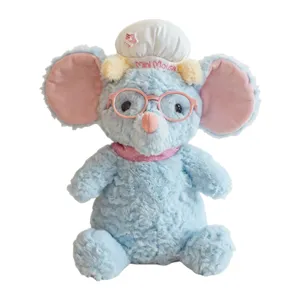 Soft blue mouse plush toy wearing pink glasses and chef hat