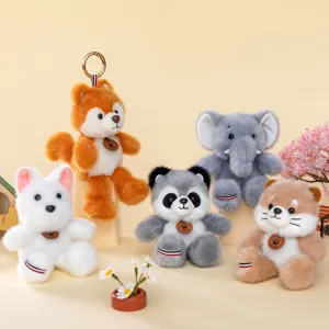 Collection of cute forest animal plush keychains featuring fox, panda, and elephant.