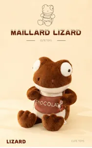 Adorable brown Maillard series plush lizard toy with chocolate bib in detail view