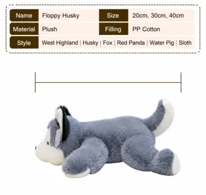 Vista detallada de peluche de husky con especificaciones para tallas de 20cm 30cm y 40cm.