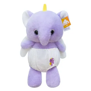 Adorable purple elephant unicorn plush doll wearing a white diaper, soft toy gift