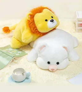 Macro view of cute plush lion and white animal dolls resting on soft shaggy cream rug