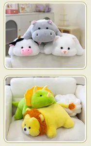 Detailed shot of cute animal plush pillows including lion, hippo, cow and dinosaur