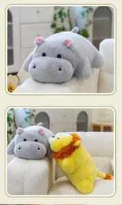 Macro detail of cute grey hippo and yellow lion plush pillow dolls on a soft beige sofa
